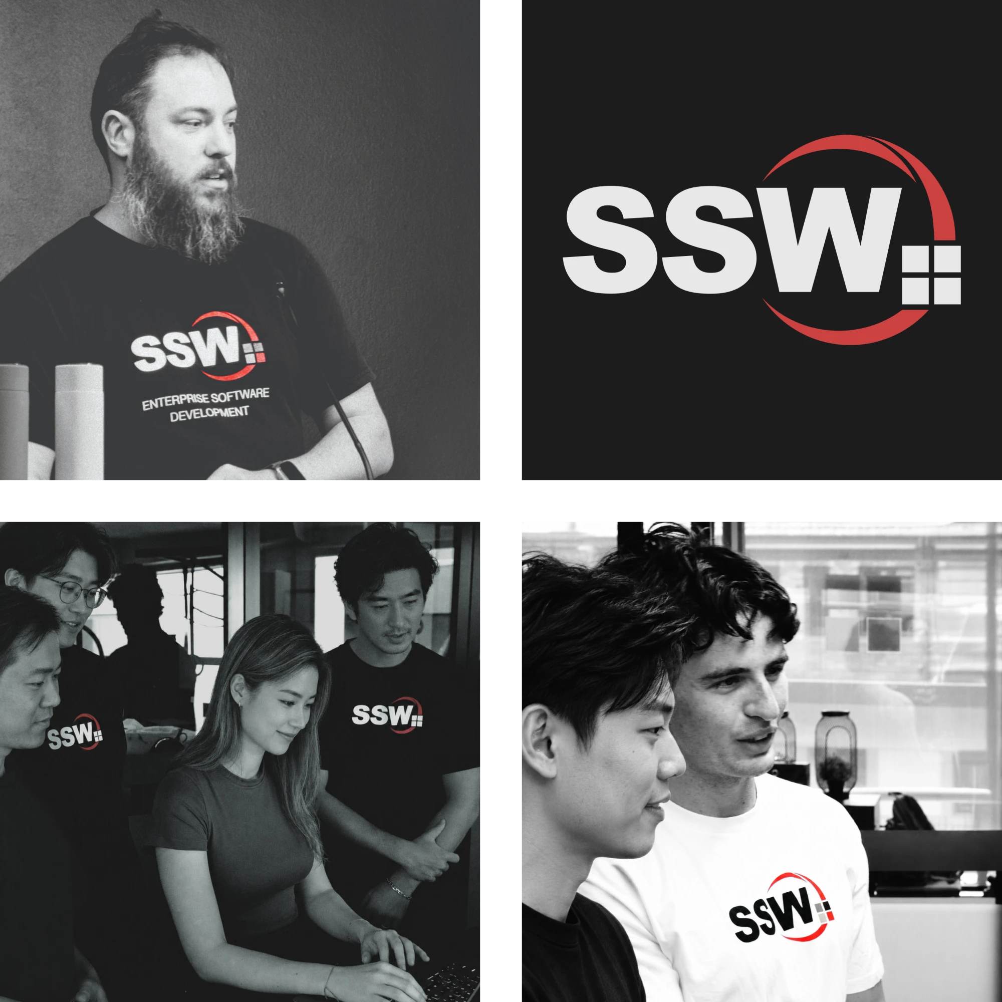 SSW 团队成员身着印有 SSW 标识的工作服在办公室协作，以及 SSW 标识